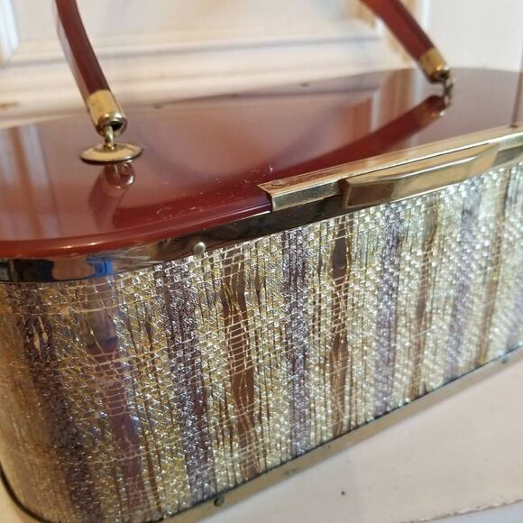 Vintage Lucite Bag Clear, Tortise & Gold Tinsel - Picture 3 of 10